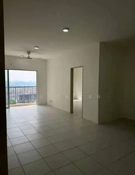 Room features: white painted walls, tile flooring, ceiling fan, sliding glass door, floor-to-ceiling windows, natural light, open layout, balcony access; style: modern; view: city.
