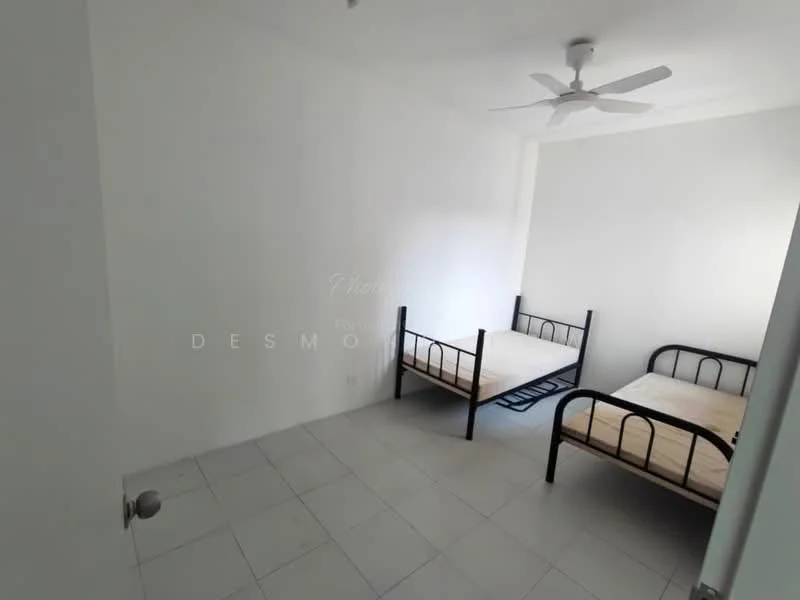 Bedroom features: white painted walls, ceiling fan, two single beds with metal frames, tiled flooring, window with natural light, minimalist decor; style: minimalist.