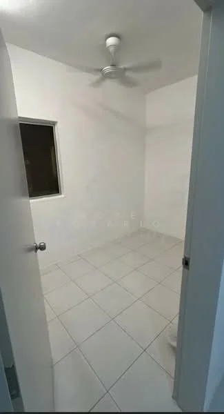 Room features: white painted walls, white ceiling, ceiling fan, tile flooring, single window, door with knob, toilet visible.