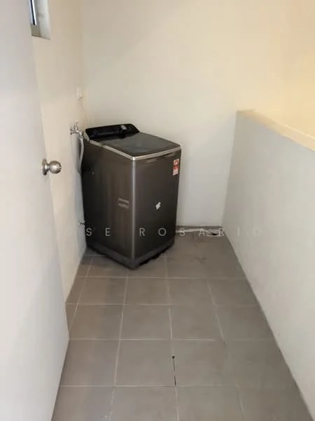 Laundry features: top-load washing machine in silver, grey tile flooring, white painted walls, single basin sink, countertop for folding clothes, plumbing fixtures visible.