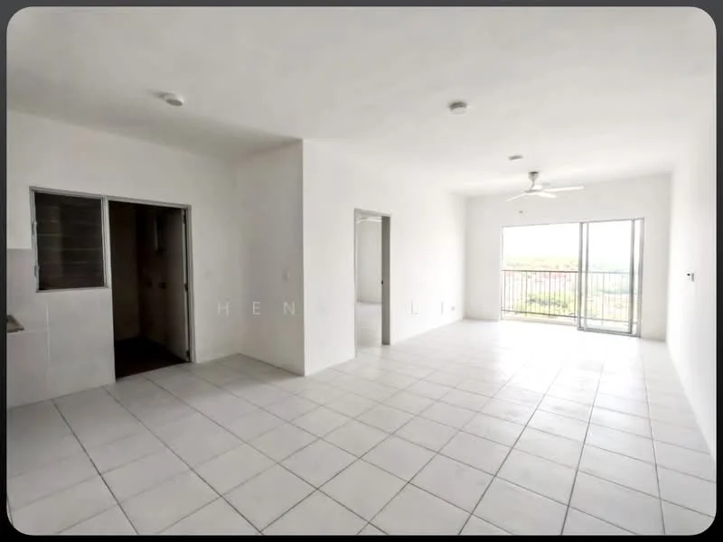 Room features: white painted walls, tile flooring, ceiling fan, floor-to-ceiling windows, sliding glass door, natural light from windows, open layout, neutral color scheme; style: modern; view: city.