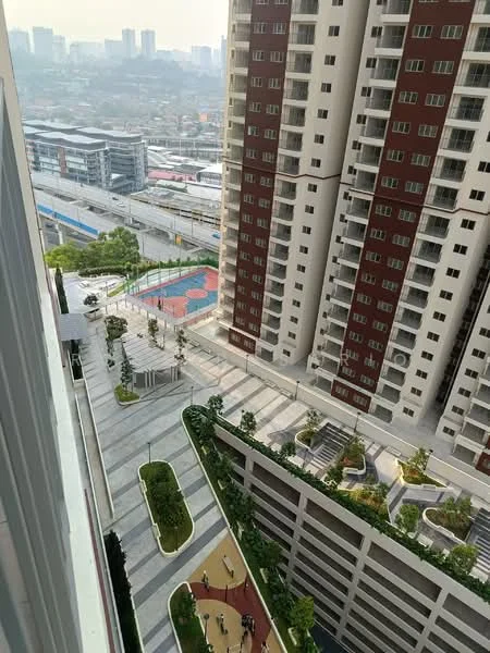 Exterior type: high-rise condominium; features: concrete facade with red and white accents, multiple storeys, landscaped garden areas, outdoor pathways, basketball court, children's playground, manicured lawns, surrounding urban context, view of city skyline, parking area, recreational spaces; style: modern.