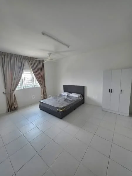 Bedroom features: queen-size bed, upholstered headboard, white walls, ceiling fan, floor-to-ceiling window, sheer curtains, white wardrobe, tile flooring; style: minimalist.