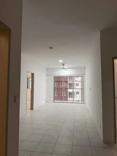 Living features: white painted walls, tile flooring, 5-blade ceiling fan with light, floor-to-ceiling windows, sliding glass door, natural light from windows, neutral color scheme, open layout; style: modern.