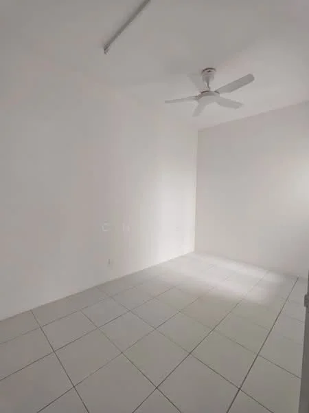 Room features: white painted walls, ceiling fan, tile flooring, natural light from window, no visible furniture, empty room; style: minimalist.