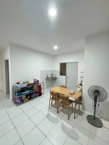 Kitchen features: white painted walls, white ceiling, tile flooring, dining table with four wooden chairs, stainless-steel sink, wall-mounted faucet, kitchen countertop, open shelving unit with various items, window with natural light, ceiling light fixtures, standing fan; style: modern.