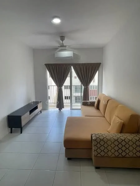 Living features: L-shape sectional sofa in beige, decorative throw pillows, wall-mounted TV console in light wood, floor-to-ceiling windows, sheer curtains, 5-blade ceiling fan with light, white painted walls, tile flooring, air conditioning unit; style: modern.