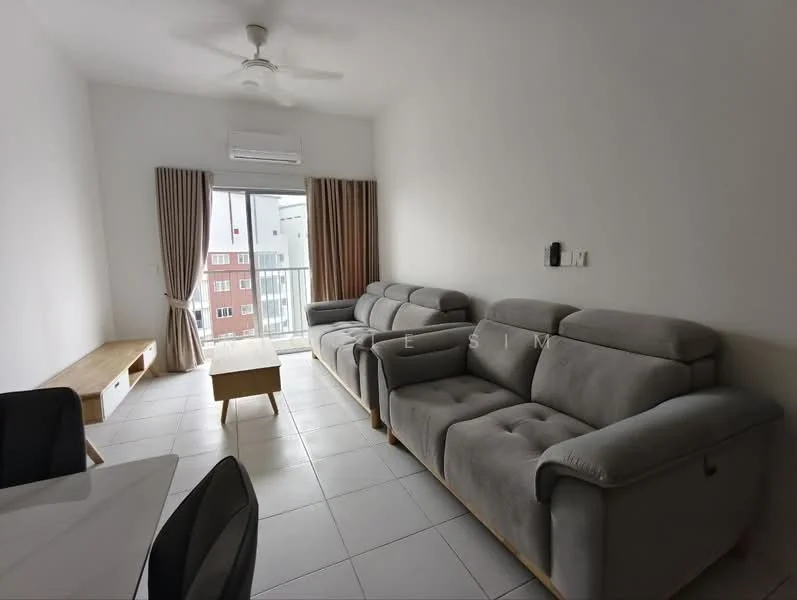Living features: 3-seater fabric sofa in grey, 2-seater fabric sofa in grey, coffee table, floor-to-ceiling windows, curtains in beige, white painted walls, tile flooring, ceiling fan; style: modern.