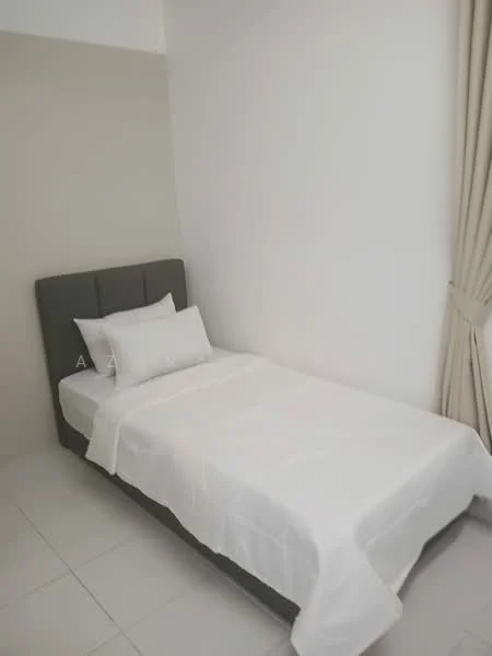 Bedroom features: single bed with grey upholstered headboard, white bedding, white pillow, cream painted walls, floor-to-ceiling window with sheer curtains, tile flooring, decorative wall art, minimalist decor; style: modern.