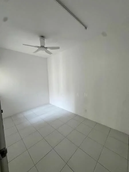 Room features: white painted walls, ceiling fan, white tiled flooring, natural light from window, no visible furniture, minimalist decor, single light fixture on ceiling; style: minimalist.