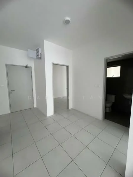 Room features: white painted walls, tile flooring, ceiling light fixture, door leading to bathroom, door leading to another room, window, corner space, neutral color scheme; style: modern.