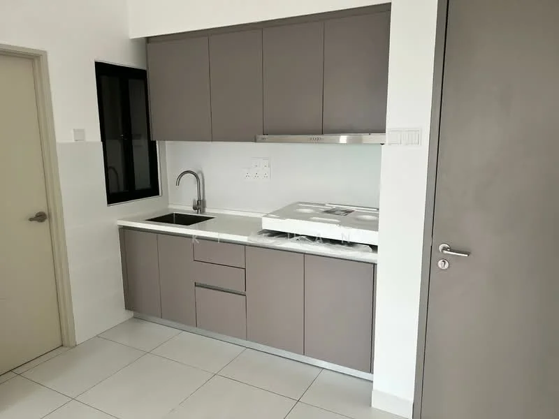 Kitchen features: grey cabinetry, white countertop, single-bowl stainless-steel sink, chrome pull-down faucet, built-in stove with hood, wall-mounted cabinets, white tiled backsplash, floor tiles, window above sink; style: modern.