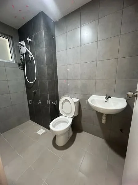 Bathroom features: grey tiled walls, light grey tiled flooring, one-piece toilet, wall-mounted shower with handheld showerhead, sink with pedestal, chrome faucet, window for natural light, shower drainage, towel rack, minimalist design; style: modern.