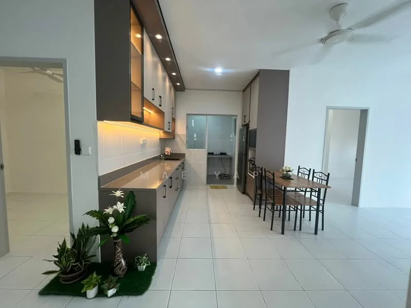 Kitchen features: grey cabinetry, white countertops, stainless-steel sink, chrome pull-down faucet, built-in oven, freestanding range oven, refrigerator, tile backsplash, recessed downlights, wall-mounted split AC, open shelving, decorative plants, dining table with chairs, white tiled flooring; style: modern. Dining features: dining table with chairs; style: modern.