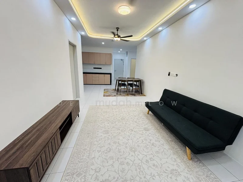 Living features: white painted walls, recessed ceiling with LED strip lighting, 5-blade ceiling fan with light, large area rug with floral pattern, 3-seater fabric sofa in dark green, wooden TV console, dining table with 4 chairs, tile flooring; style: modern. Kitchen features: kitchen cabinetry in light wood, built-in oven, stainless-steel sink, countertop with backsplash, tile flooring; style: modern.
