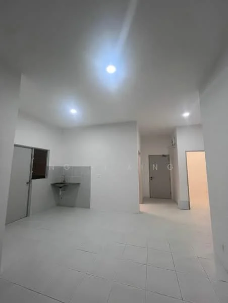 Room features: white painted walls, white ceiling, recessed downlights, tile flooring, single-basin sink, grey tiled backsplash, doorway leading to another room, doorway leading to the exterior, open layout; style: minimalist.