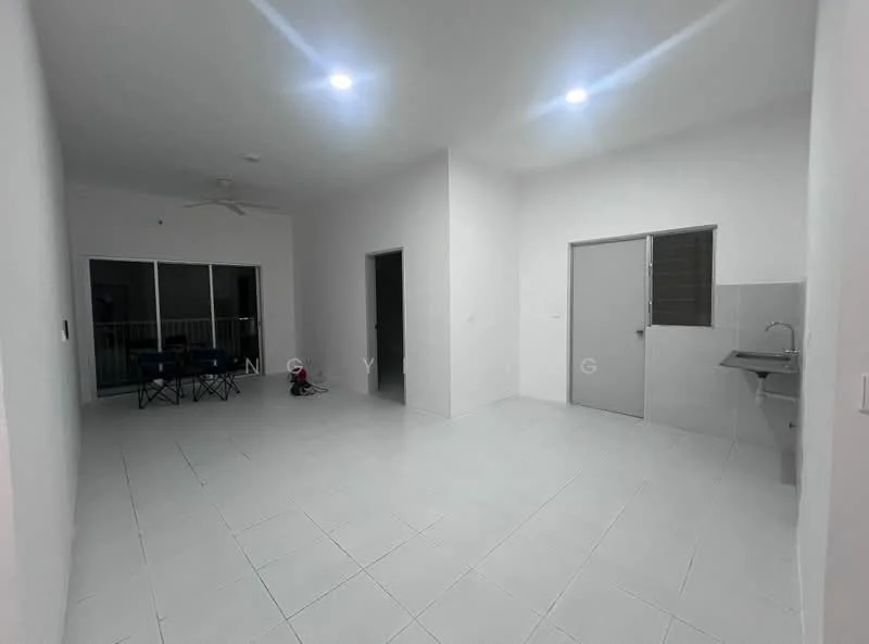 Room features: white painted walls, tile flooring, recessed downlights, ceiling fan, sliding glass door, window with blinds, kitchenette with sink, open layout; style: modern.