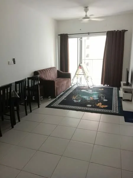 Living features: 3-seater fabric sofa in brown, coffee table, TV console, wall-mounted TV, area rug with decorative pattern, floor-to-ceiling windows, sliding glass door, dark curtains, ceiling fan, white painted walls, tile flooring; style: modern.