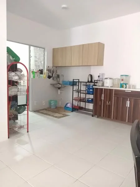 Kitchen features: white painted walls, ceramic tile flooring, wood cabinetry in light brown, stainless-steel sink, chrome pull-down faucet, countertop with space for appliances, built-in shelving unit, kettle, plastic containers, dish rack, microwave, dining table, chairs; style: modern.