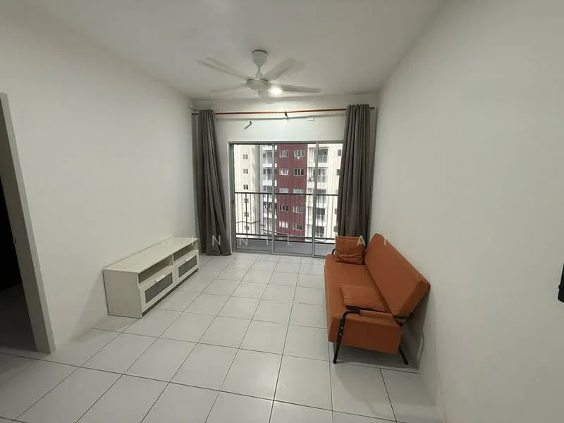 Living features: orange fabric sofa, white TV console with storage, floor-to-ceiling windows, grey curtains, ceiling fan, white painted walls, white tiled flooring, balcony access; style: modern; view: city.