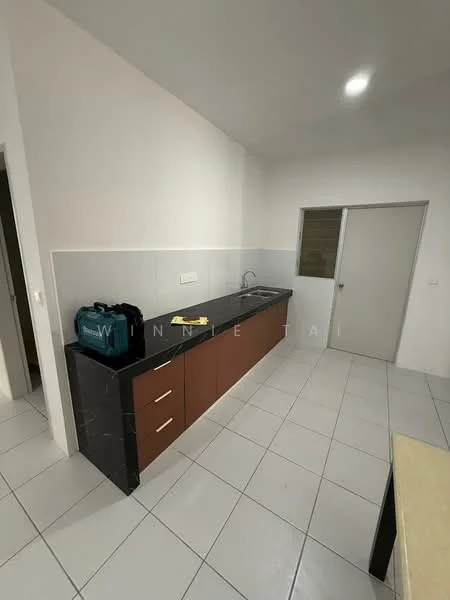 Kitchen features: black granite countertop, brown wooden cabinetry, single-bowl stainless-steel sink, chrome pull-down faucet, white tiled backsplash, white walls, white tiled flooring, recessed downlights, door leading to another room, window for natural light, kitchen appliances on countertop; style: modern.