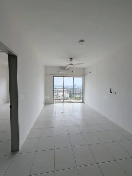 Living features: white painted walls, white ceiling, 5-blade ceiling fan, floor-to-ceiling windows, sliding glass door, white tiled flooring, air conditioning unit, natural light from windows; style: modern; view: city.