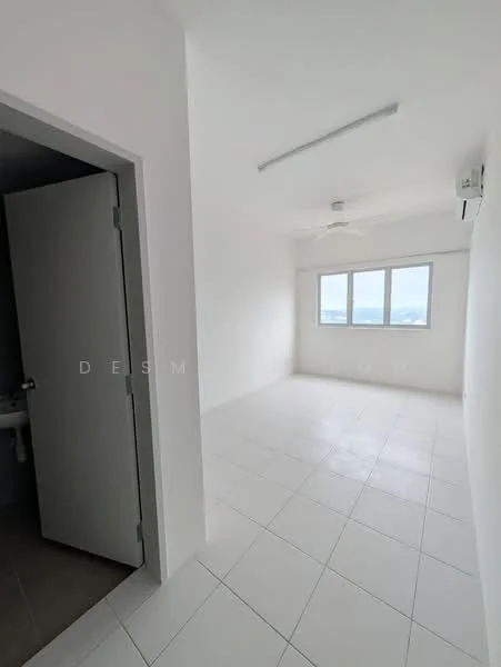 Room features: white painted walls, white ceiling, tile flooring, 5-blade ceiling fan, floor-to-ceiling windows, window with city view, wall-mounted split AC, door leading to bathroom, natural light from windows; style: modern; view: city.