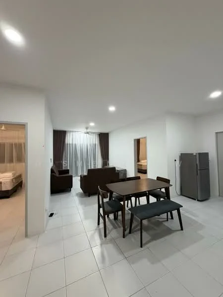 Living features: white painted walls, tile flooring, recessed downlights, sofa in brown fabric, dining table with 4 chairs, floor-to-ceiling windows with sheer curtains, fridge in stainless steel; style: modern. Room features: white painted walls, tile flooring, recessed downlights.