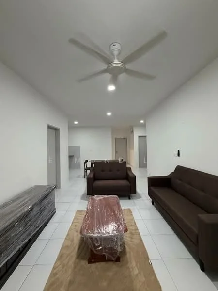 Living features: white painted walls, white tiled flooring, 5-blade ceiling fan with light, 2-seater fabric sofa in brown, 3-seater fabric sofa in brown, wooden coffee table, area rug in beige, recessed LED downlights; style: modern.