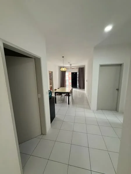 Room features: white painted walls, white ceiling, tile flooring, recessed downlights, pendant light, dining table, chairs, floor-to-ceiling windows with sheer curtains, open layout, doorway leading to another room; style: modern.