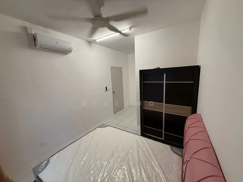 Bedroom features: white painted walls, tile flooring, 5-blade ceiling fan, wall-mounted split AC, built-in wardrobe with sliding doors, queen-size bed base, window with no visible treatment, light switch on wall.