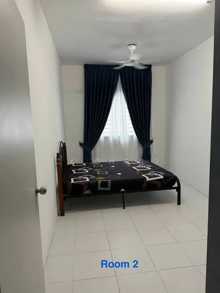 Bedroom features: white painted walls, tiled flooring, queen-size bed, black bed frame, blue curtains, floor-to-ceiling window, ceiling fan, decorative wall frames; style: modern.
