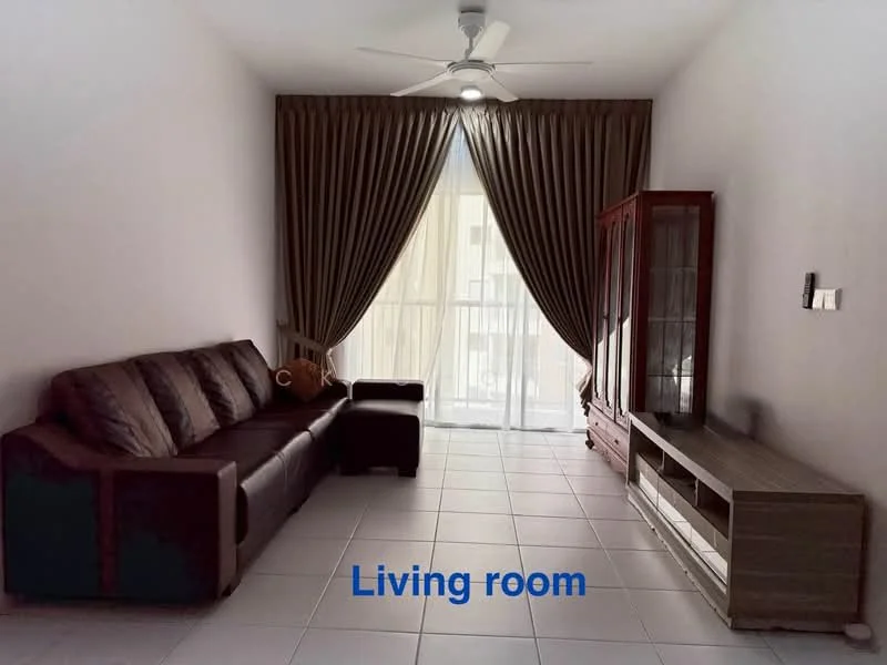 Living features: 3-seater fabric sofa in brown, ceiling fan, floor-to-ceiling windows, sheer curtains, wooden display cabinet, TV console, tile flooring, neutral painted walls; style: modern.