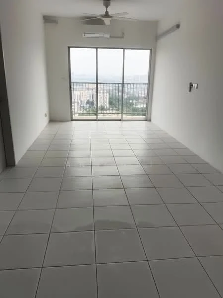 Living features: white painted walls, glazed ceramic tile flooring, 5-blade ceiling fan, floor-to-ceiling sliding glass door, city view, neutral color scheme, open layout, natural light from large window; style: modern; view: city.