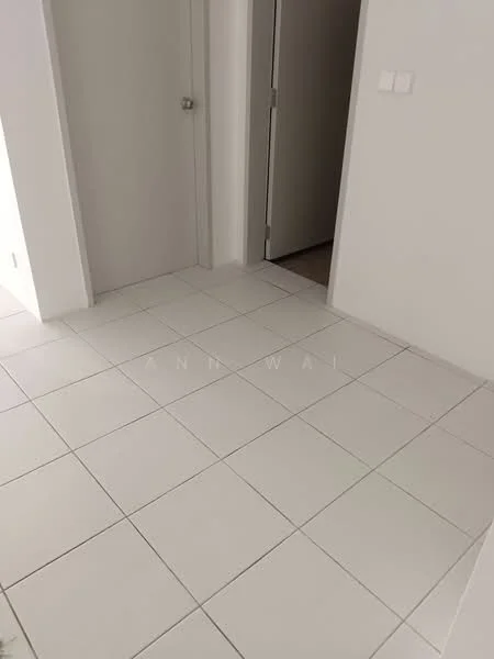 Room features: white tiled flooring, plain white walls, doorway leading to another room, neutral color scheme; style: modern.