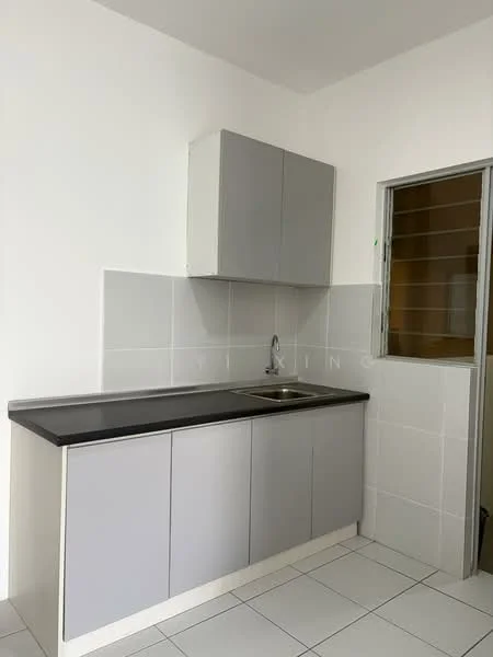 Kitchen features: grey cabinetry, black countertop, single-bowl stainless-steel sink, chrome pull-down faucet, white tiled walls, white tiled flooring, window with security grille, under-cabinet lighting; style: modern.