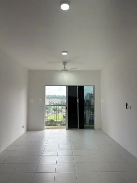 Living features: white painted walls, tile flooring, 5-blade ceiling fan with light, floor-to-ceiling sliding glass door, balcony access, natural light from large window, neutral color scheme, open layout; style: modern; view: city.