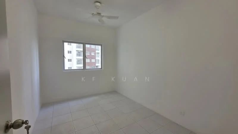 Room features: white painted walls, tile flooring, ceiling fan, single window, neutral decor.
