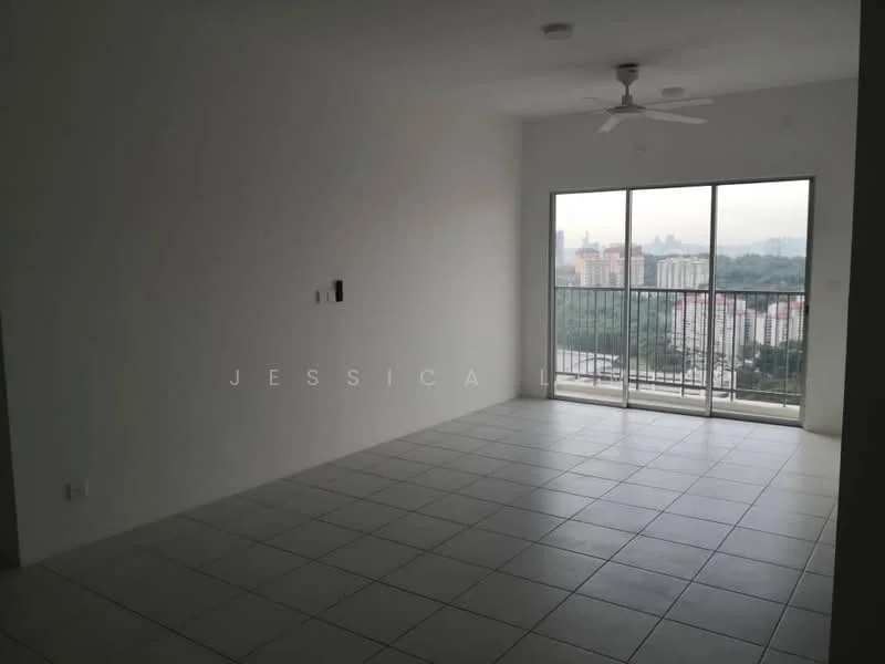 Living features: white painted walls, grey tiled flooring, 5-blade ceiling fan, floor-to-ceiling windows, sliding glass door, balcony access, city view, no visible furniture; style: modern; view: city.