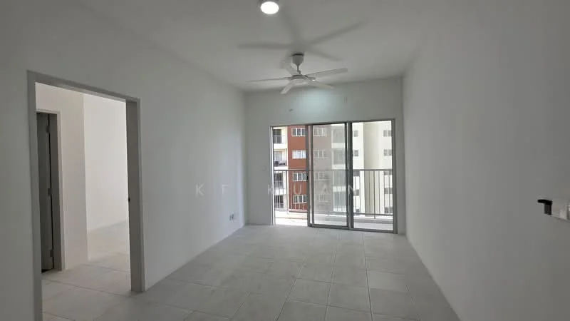 Living features: white painted walls, tile flooring, 5-blade ceiling fan with light, floor-to-ceiling sliding glass door, balcony access, natural light from windows, neutral color scheme, open layout; style: modern; view: city. Room features: white painted walls, tile flooring, doorway leading to another room.