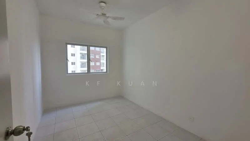 Room features: white painted walls, tile flooring, ceiling fan, single window, neutral color scheme.