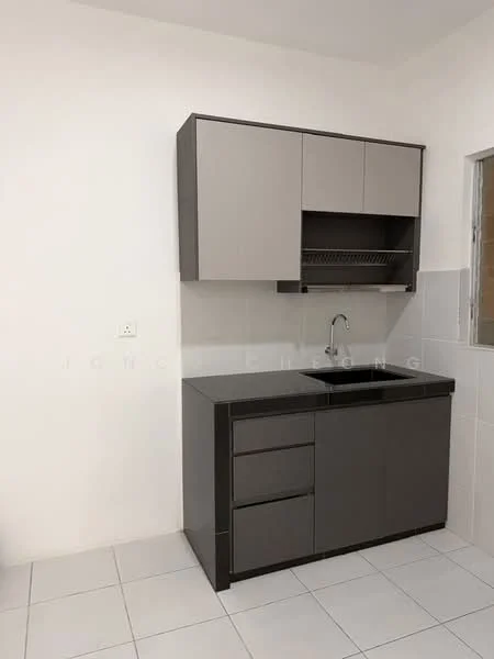 Kitchen features: grey cabinetry, single-bowl stainless-steel sink, chrome pull-down faucet, black countertop, white tiled backsplash, white walls, white tiled flooring, open shelving above sink, drawer storage, cabinet storage; style: modern.