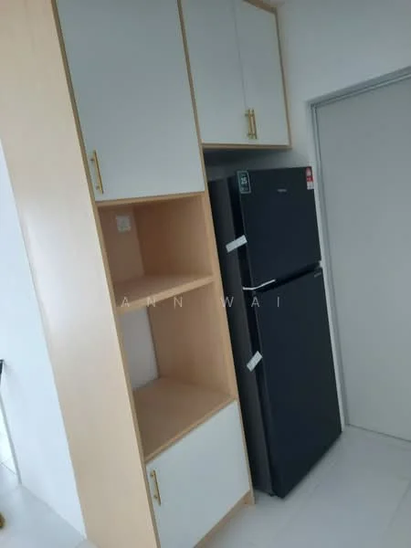 Kitchen features: white upper cabinets with gold handles, light wood lower cabinets, open shelving, black double-door fridge, white tiled flooring, neutral wall color, recessed lighting, doorway leading to another room; style: modern.