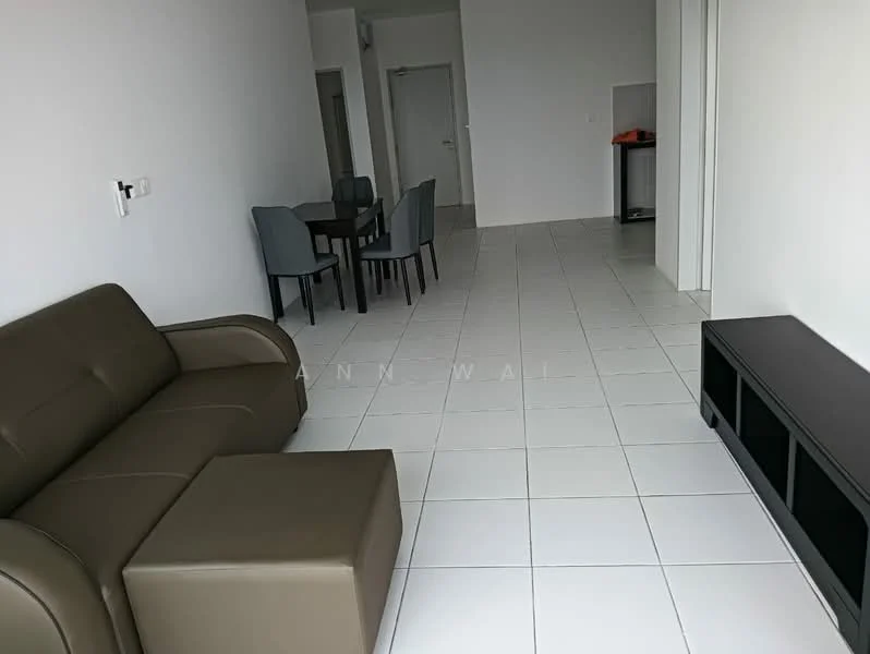 Living features: brown leather sofa, square ottoman, white tiled flooring, neutral painted walls, dining table with four chairs, TV console, open layout, natural light from windows; style: modern.