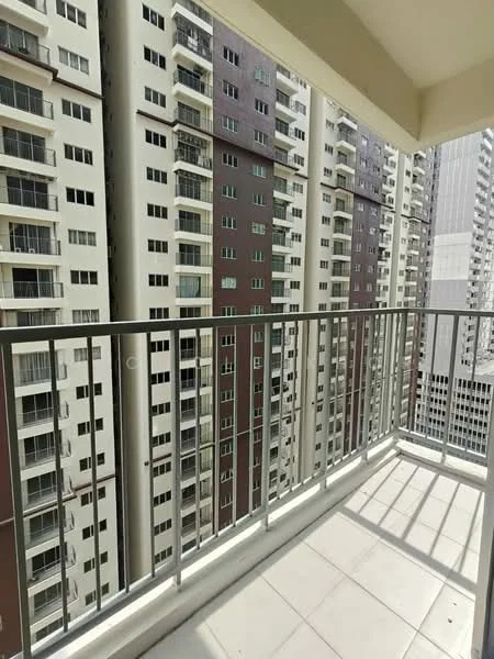 Room features: balcony with metal railing, tiled flooring, concrete walls, city view, surrounded by high-rise buildings, sliding glass door access, sunlight casting shadows, white painted walls; style: modern; view: city.