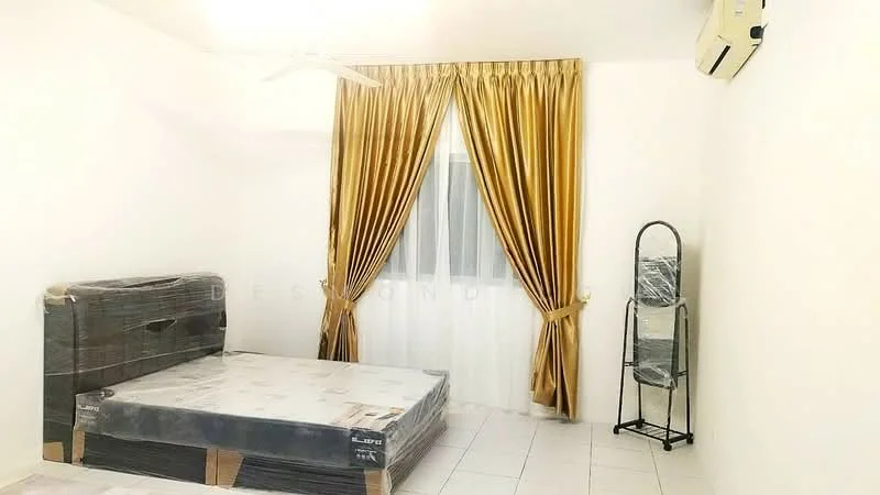 Bedroom features: white painted walls, tile flooring, 5-blade ceiling fan, floor-to-ceiling window, sheer curtains, golden drapes, queen-size bed with protective wrapping, full-length mirror, air conditioning unit; style: modern.
