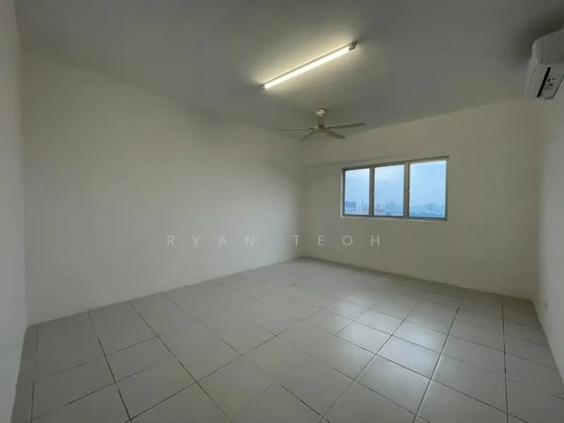 Room features: white painted walls, tile flooring, ceiling fan, floor-to-ceiling windows, city view, air conditioning unit, fluorescent ceiling lights; view: city.