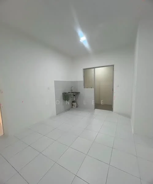 Room features: white painted walls, white tiled flooring, single-bowl stainless-steel sink, grey tiled backsplash, window with frosted glass, light fixture on ceiling, green wall-mounted storage, open space layout; style: modern.