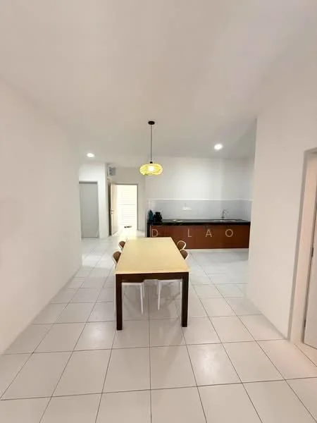Dining features: white painted walls, white tiled flooring, rectangular wooden dining table, 4 white dining chairs, pendant light fixture, open layout to kitchen, recessed ceiling lights, kitchen countertop visible in background; style: modern.