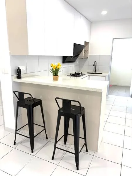 Kitchen features: white cabinetry, light beige countertop, black gooseneck faucet, single-bowl stainless-steel sink, built-in gas hob, black range hood, white tiled backsplash, white tiled flooring, two black metal bar stools, potted yellow flowers, recessed lighting, open layout; style: modern.